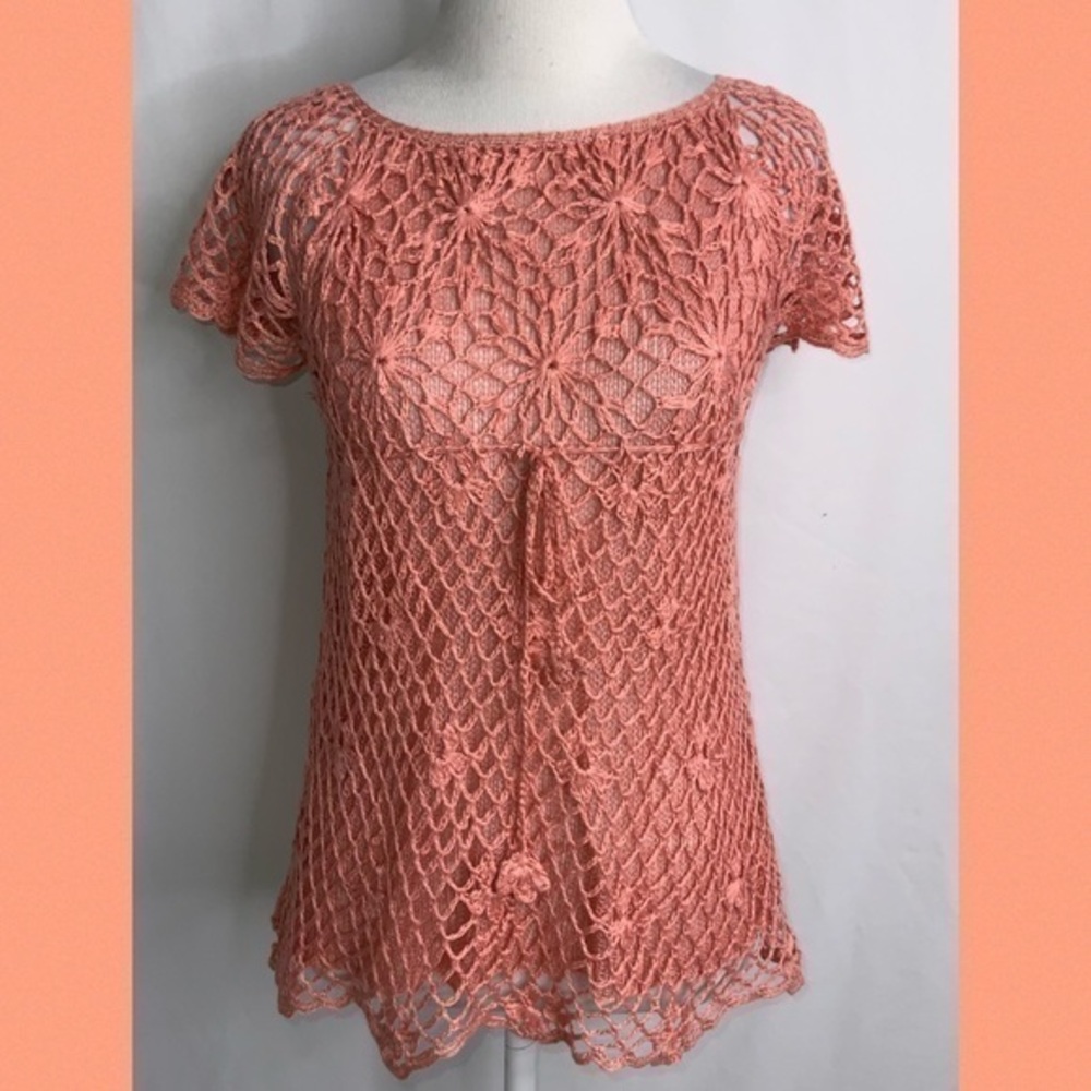 NWT Sacred Threads Orange Crochet Overlay Short Flutter Sleeves Dainty Top Small